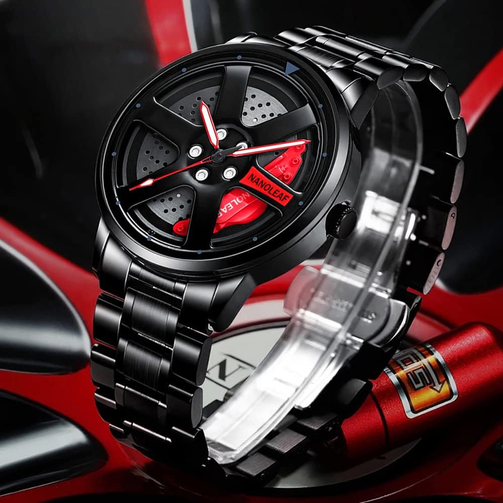 The Alloy Wheel Watch With, Stainless Steel Rim Watch with Japanese Quartz Movement, Waterproof Sports Wrist Watch, Racing Watch for Men/Car Enthusiast